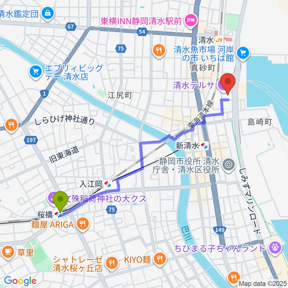 桜橋駅から清水テルサへのルートマップ地図