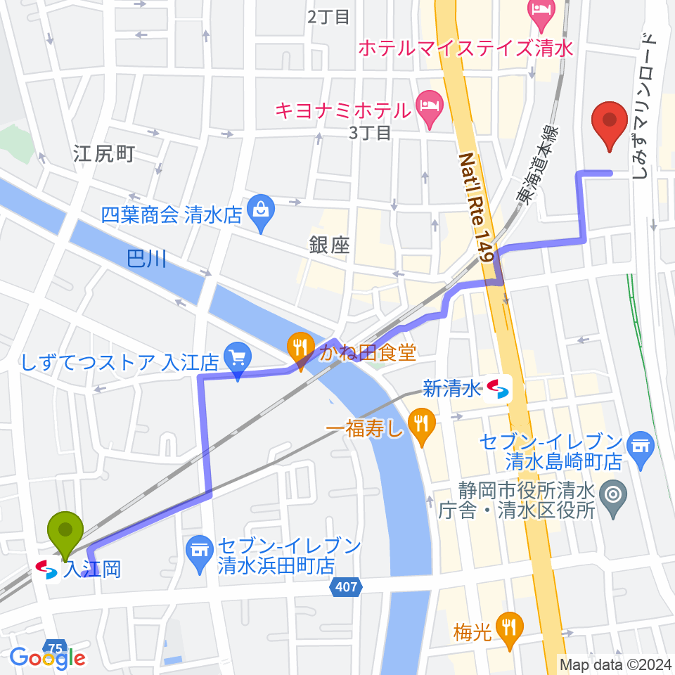 入江岡駅から清水テルサへのルートマップ地図