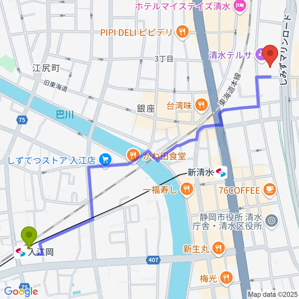 入江岡駅から清水テルサへのルートマップ地図