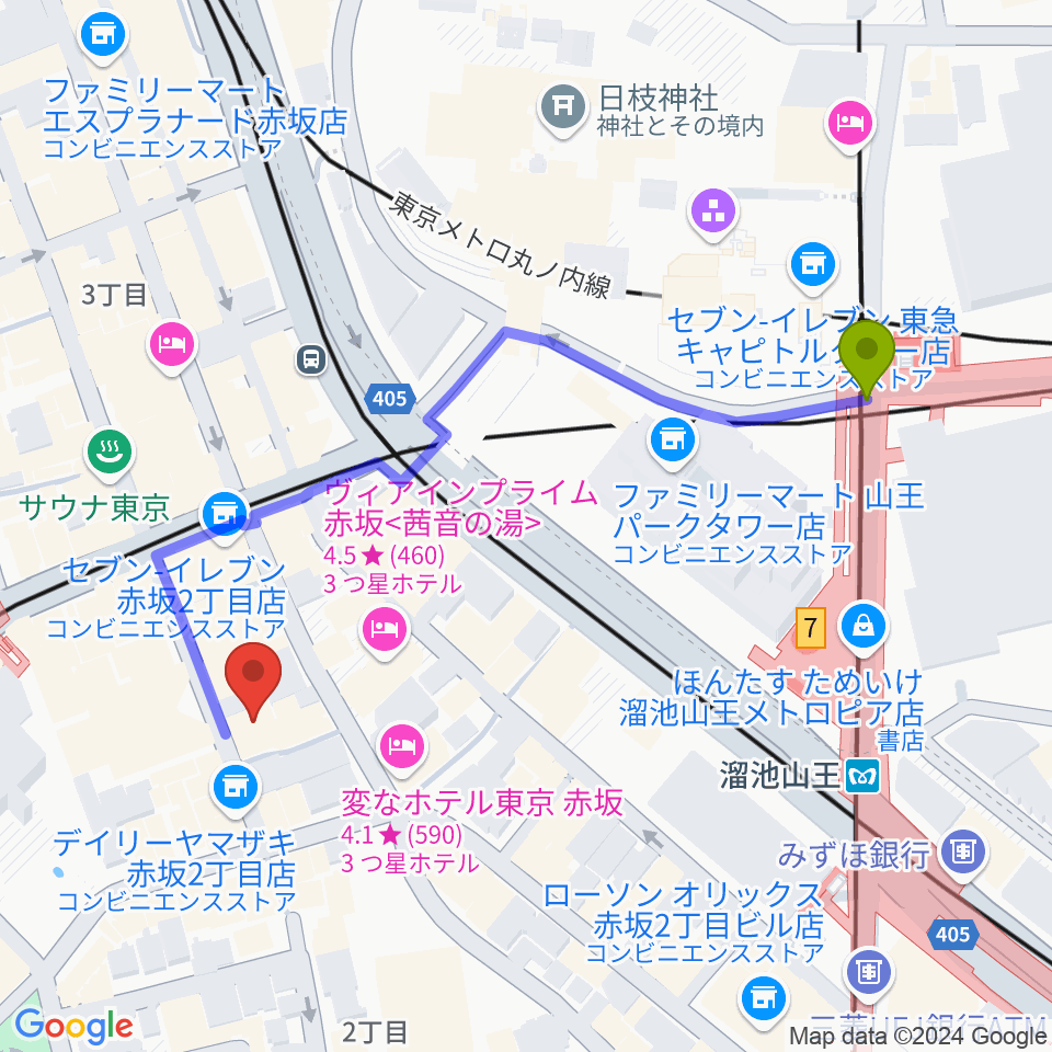 溜池山王駅から赤坂カンティーナへのルートマップ地図