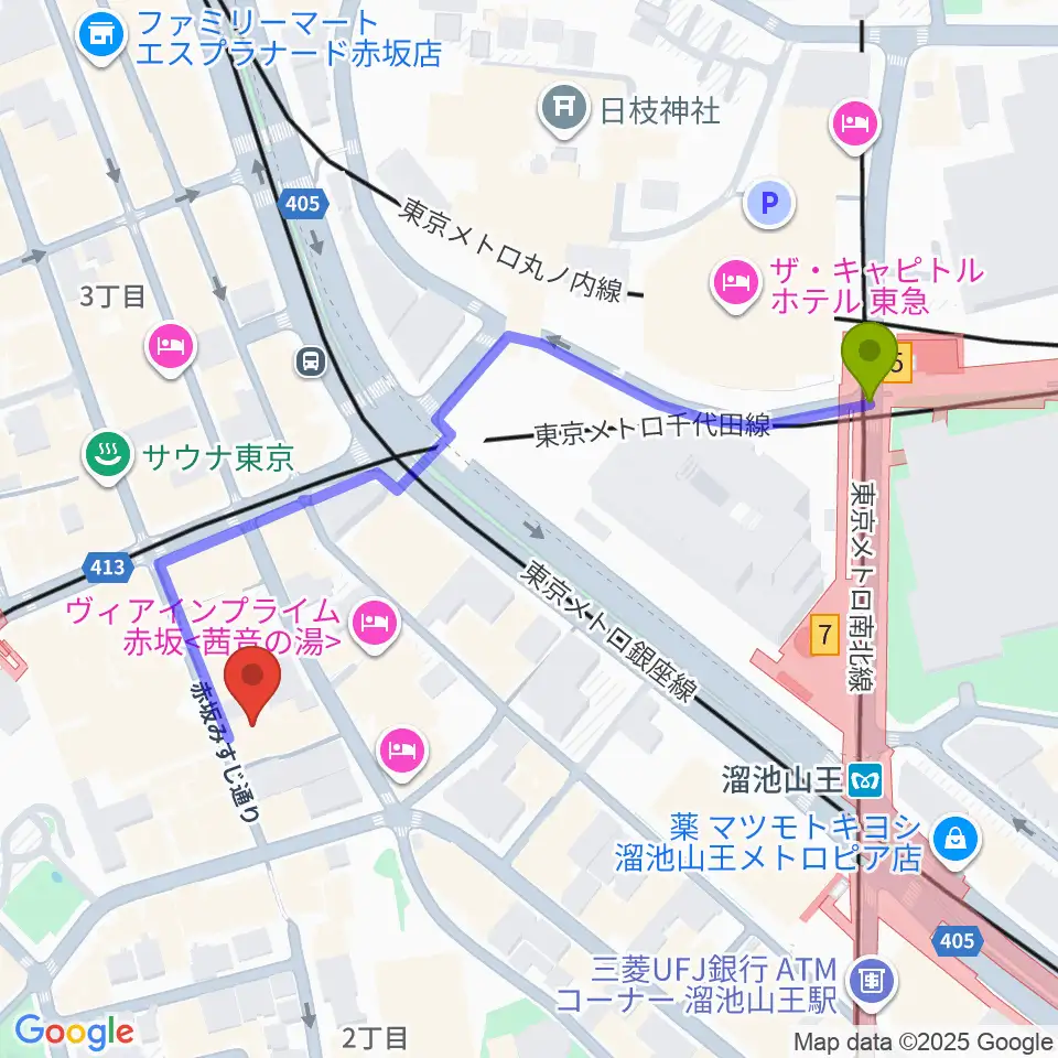 溜池山王駅から赤坂カンティーナへのルートマップ地図