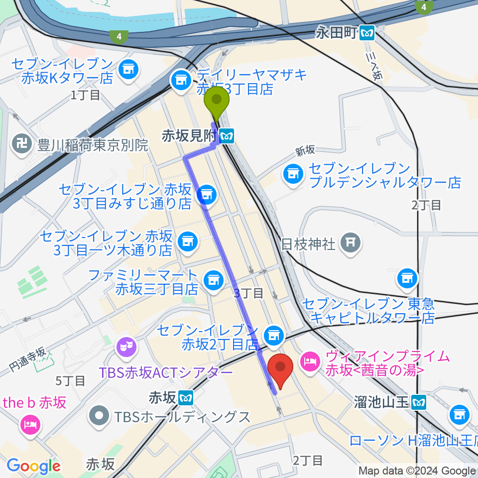 赤坂見附駅から赤坂カンティーナへのルートマップ地図