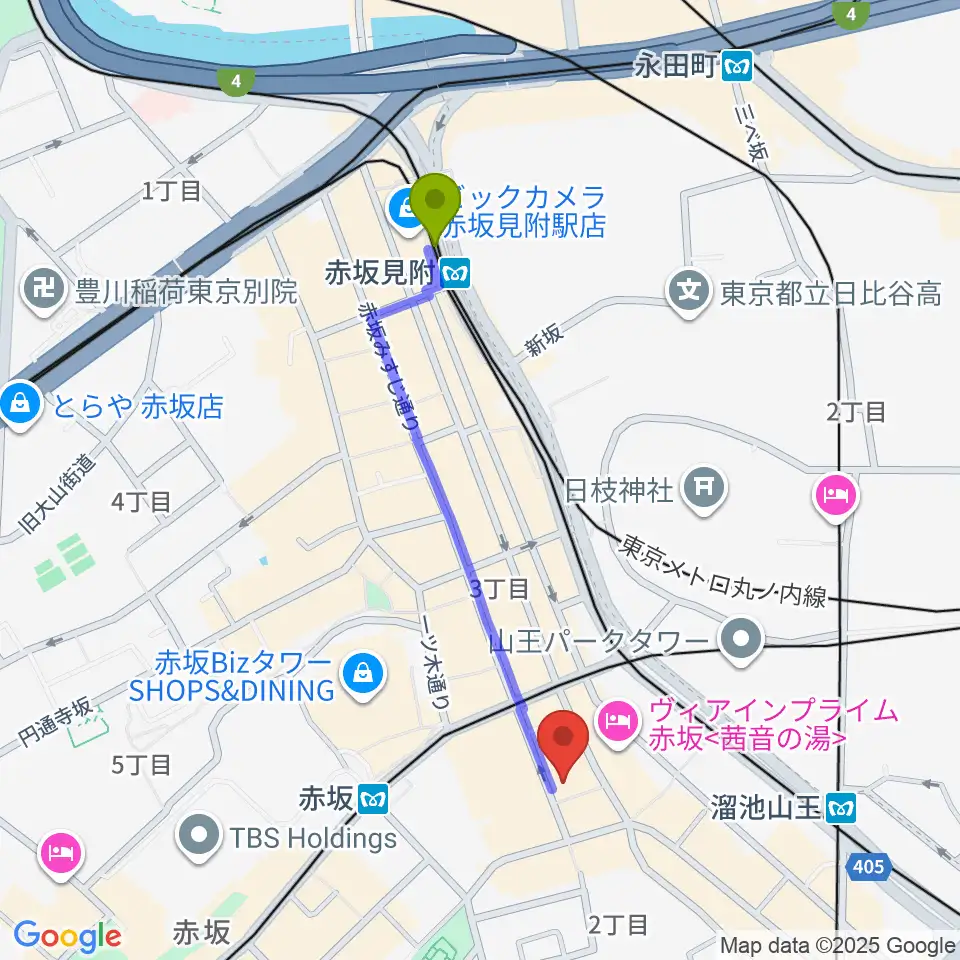 赤坂見附駅から赤坂カンティーナへのルートマップ地図