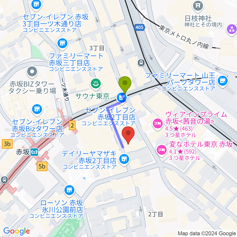 赤坂カンティーナの最寄駅赤坂駅からの徒歩ルート（約2分）地図