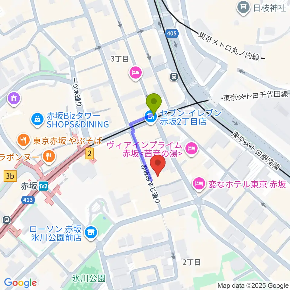 赤坂カンティーナの最寄駅赤坂駅からの徒歩ルート（約2分）地図