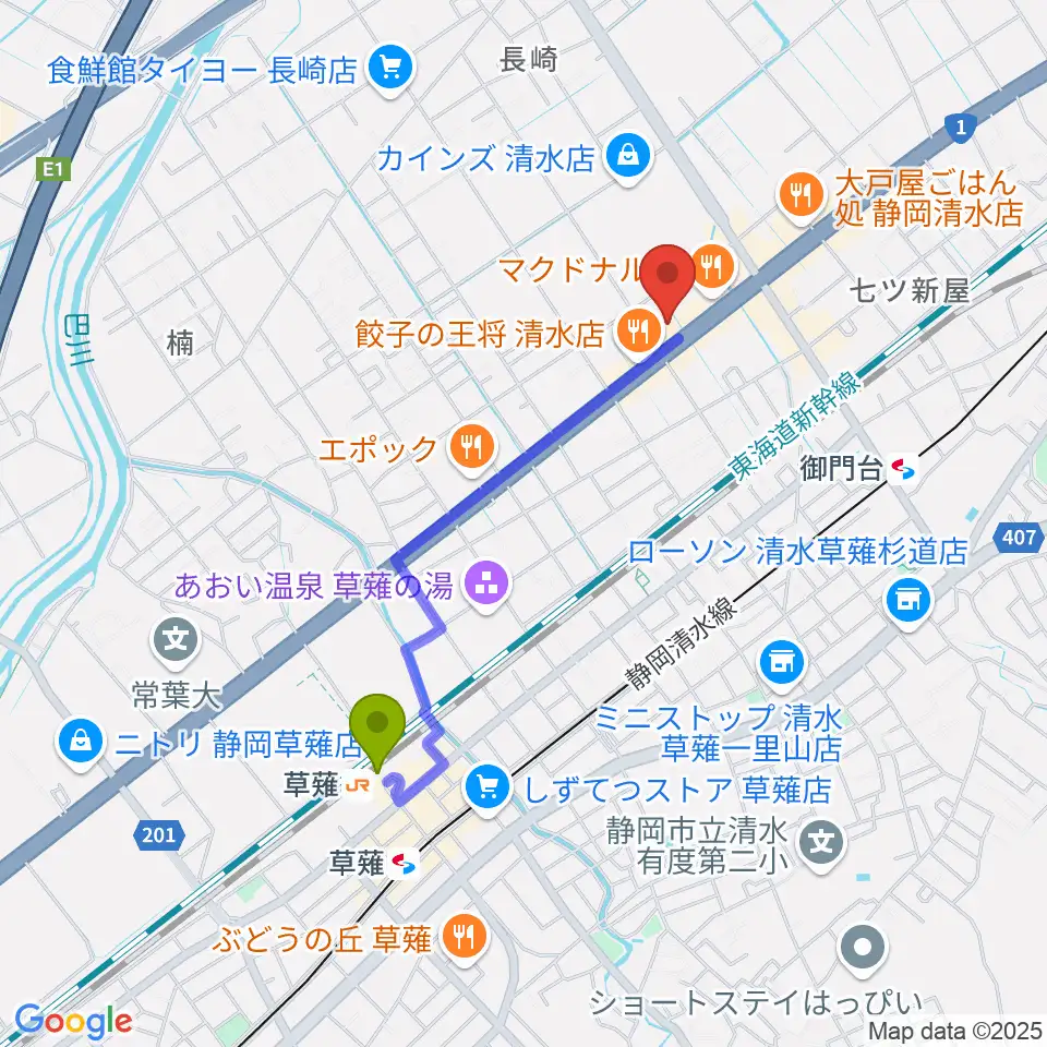 草薙駅から音楽天国 静岡草薙店へのルートマップ地図