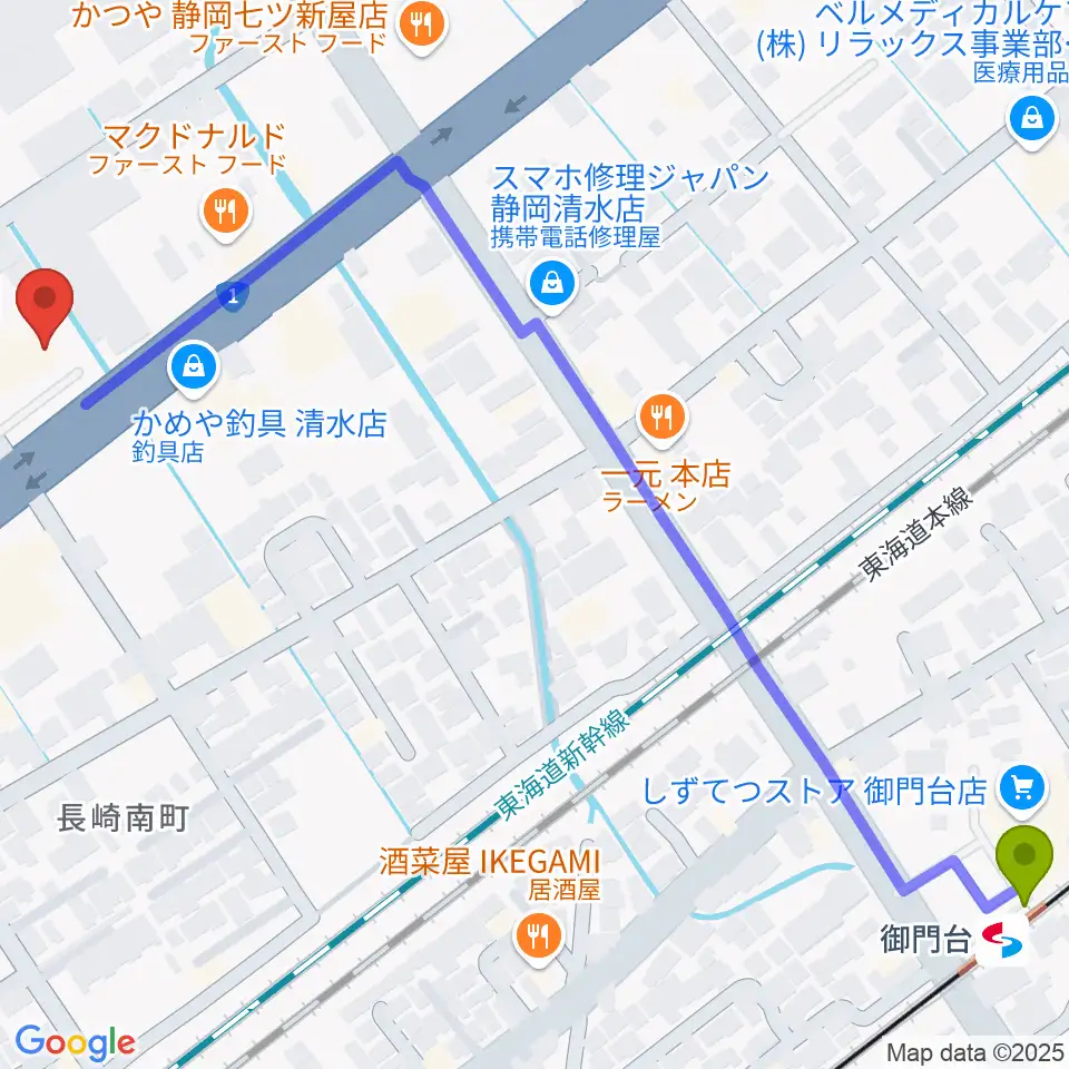 音楽天国 静岡草薙店の最寄駅御門台駅からの徒歩ルート（約8分）地図