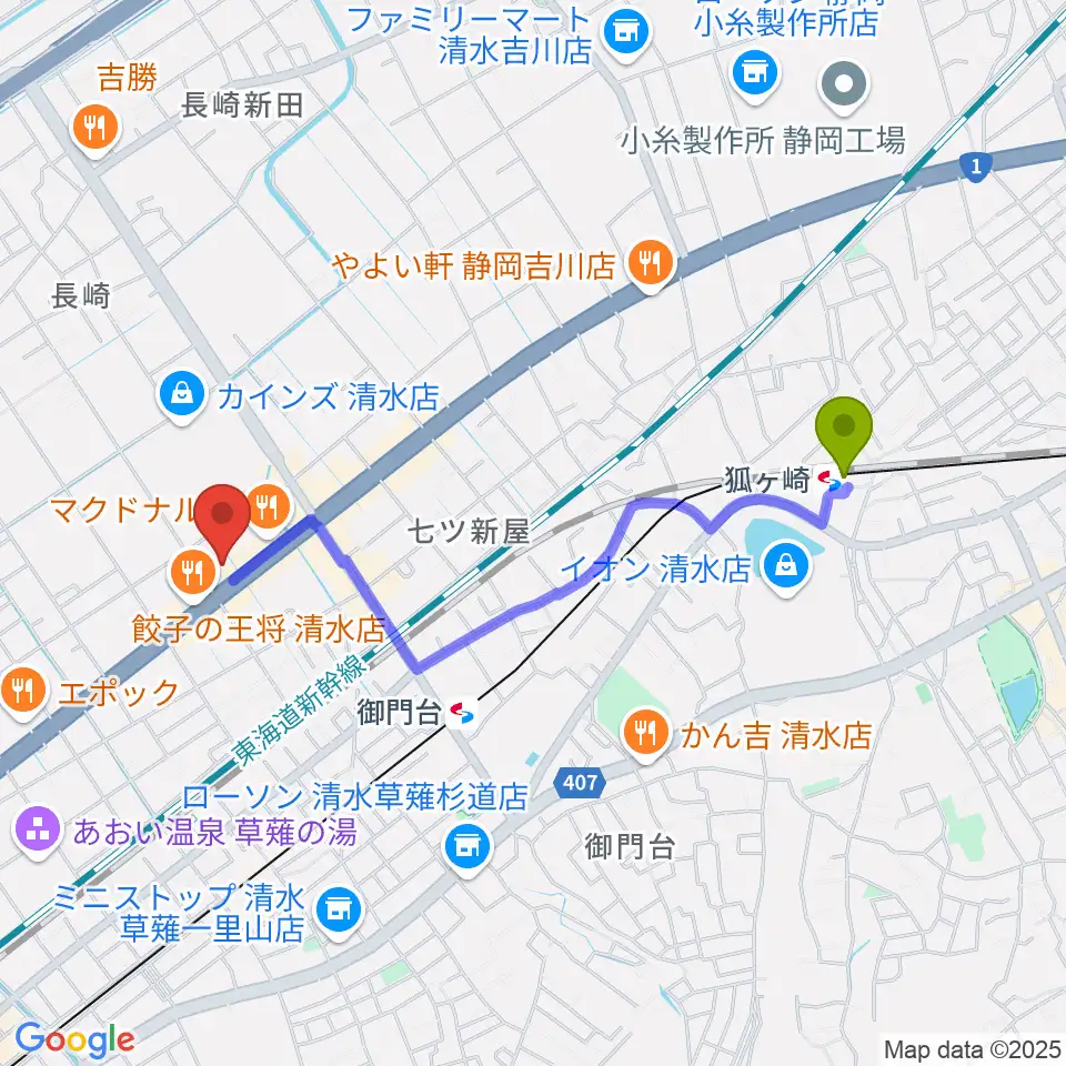 狐ヶ崎駅から音楽天国 静岡草薙店へのルートマップ地図