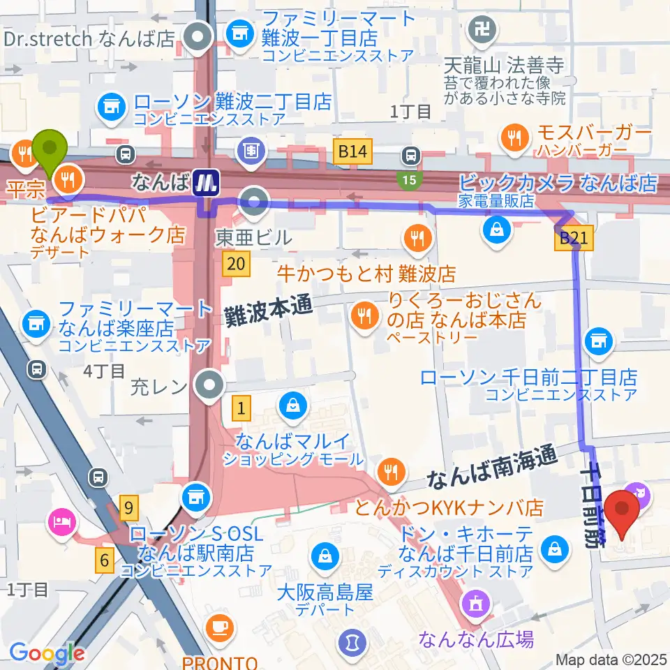 大阪難波駅からなんばYES THEATERへのルートマップ地図