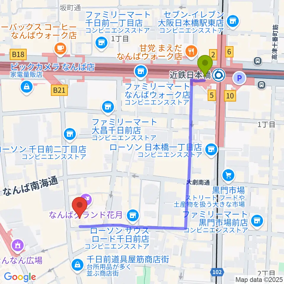 近鉄日本橋駅からなんばYES THEATERへのルートマップ地図