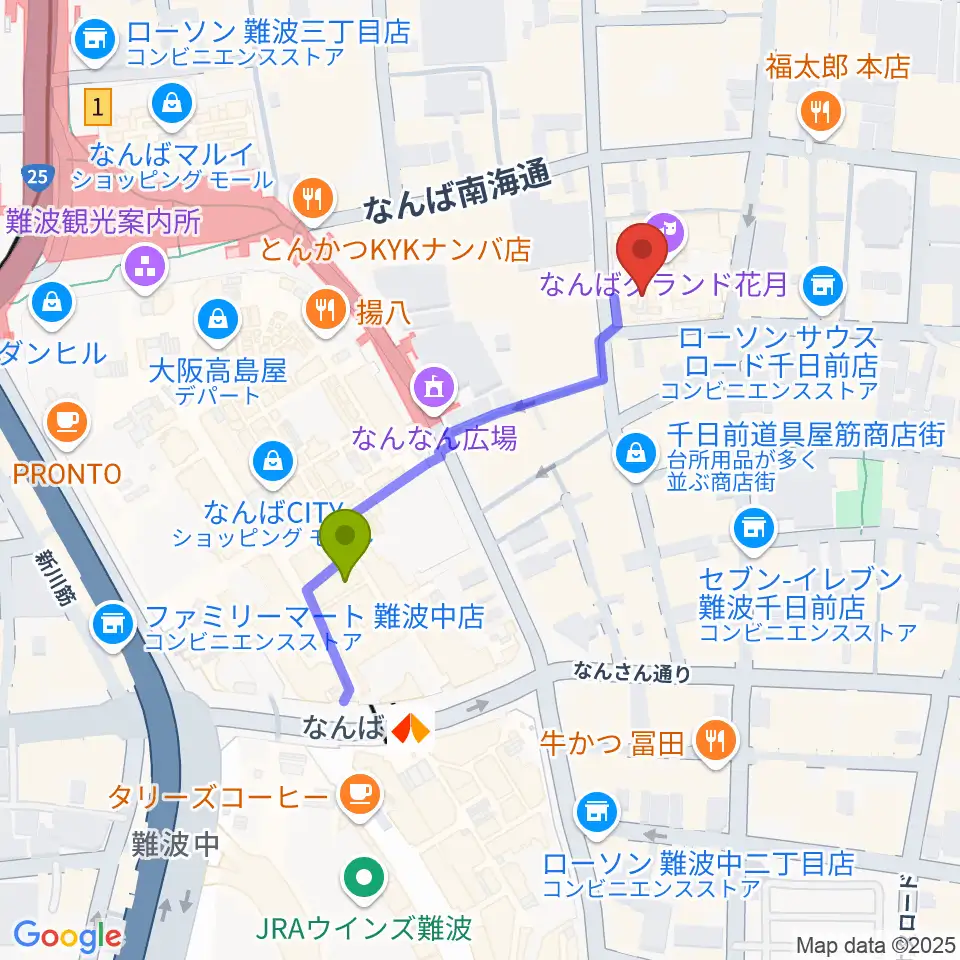 なんばYES THEATERの最寄駅難波駅からの徒歩ルート（約3分）地図