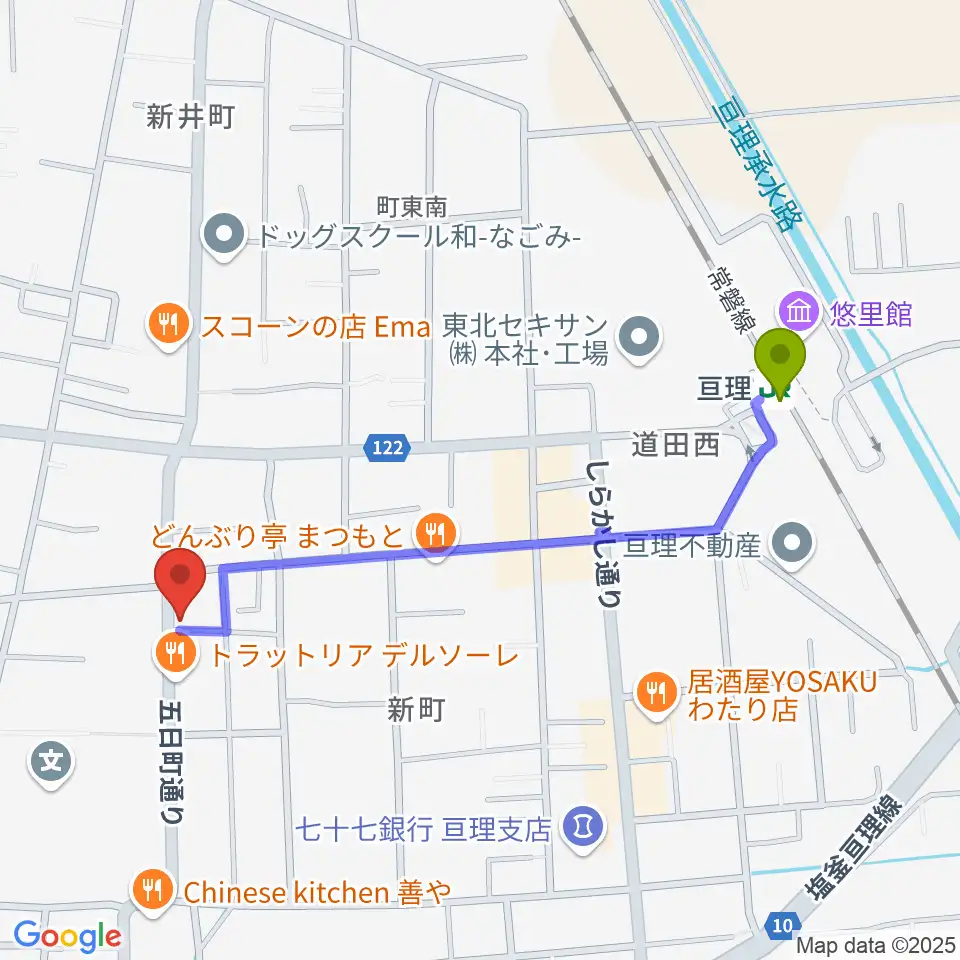オアシス楽器 亘理店の最寄駅亘理駅からの徒歩ルート（約10分）地図