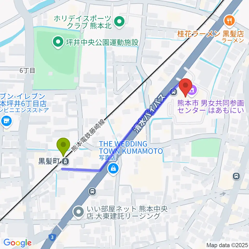 黒髪町駅から熊本市男女共同参画センターはあもにいへのルートマップ地図