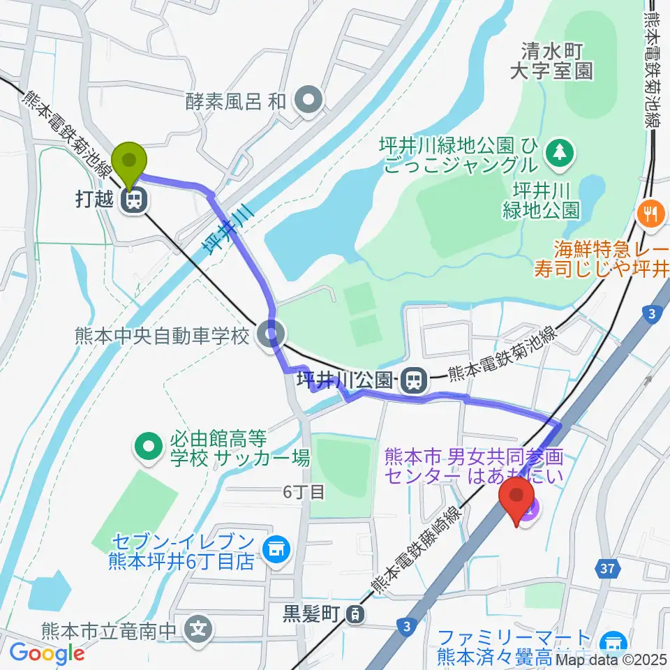 打越駅から熊本市男女共同参画センターはあもにいへのルートマップ地図