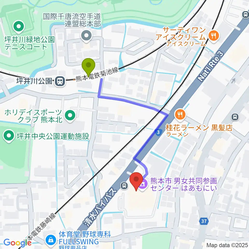 熊本市男女共同参画センターはあもにいの最寄駅坪井川公園駅からの徒歩ルート（約4分）地図