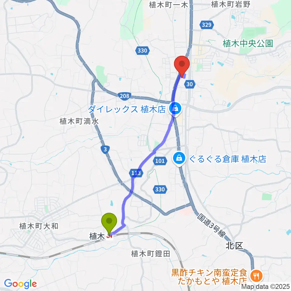 ピアノタウン熊本の最寄駅植木駅からの徒歩ルート（約38分）地図
