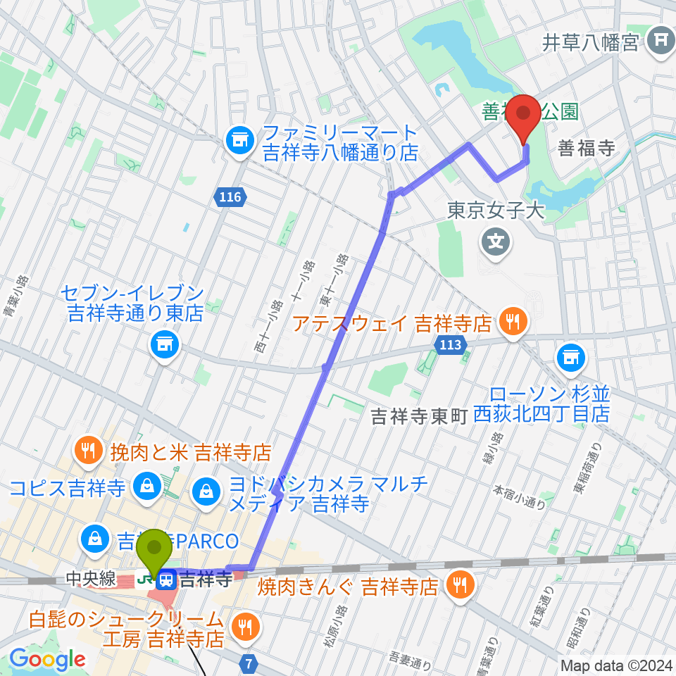 吉祥寺駅から葉月ホールハウスへのルートマップ地図