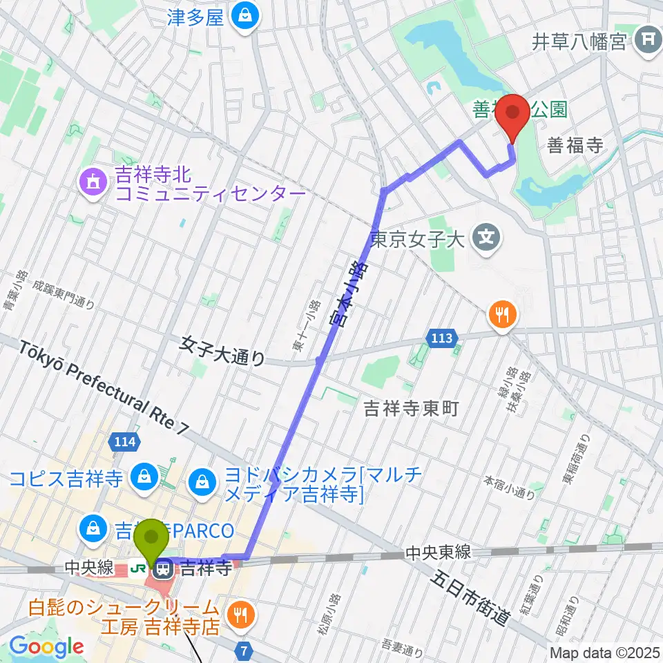 吉祥寺駅から葉月ホールハウスへのルートマップ地図