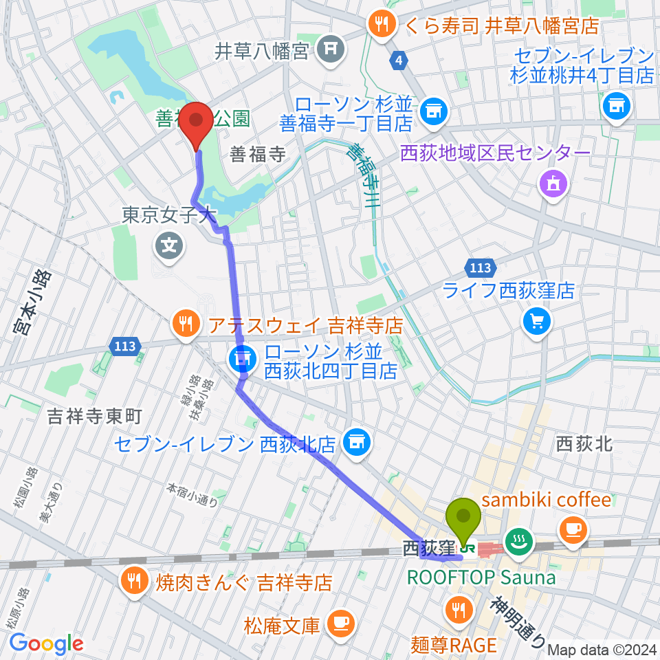 葉月ホールハウスの最寄駅西荻窪駅からの徒歩ルート（約22分）地図