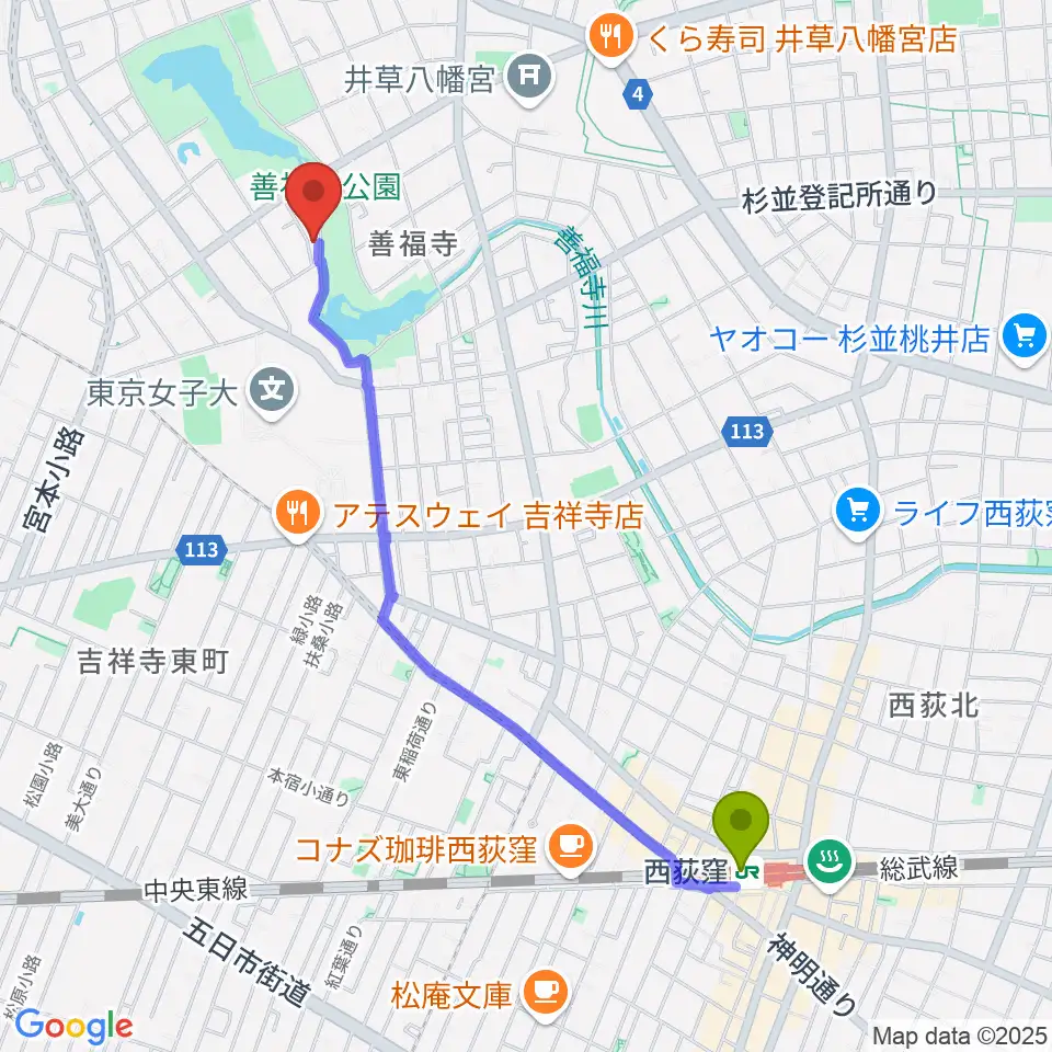 葉月ホールハウスの最寄駅西荻窪駅からの徒歩ルート（約22分）地図