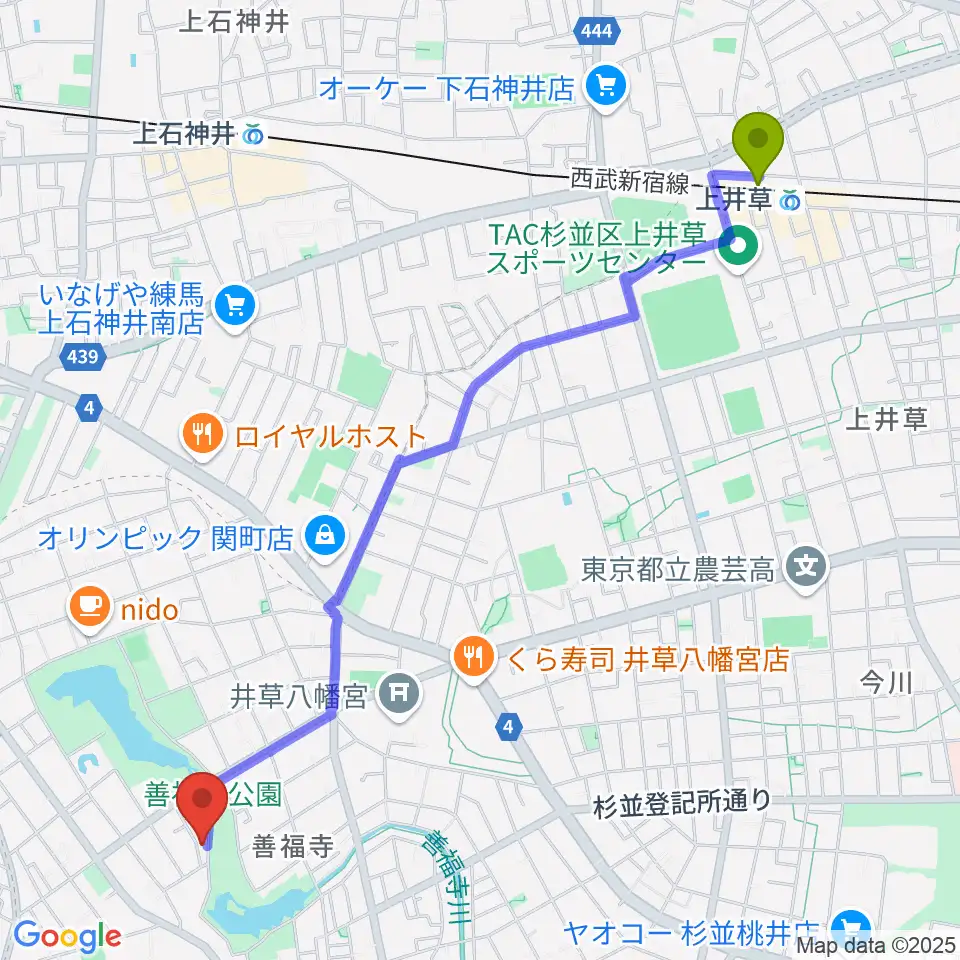 上井草駅から葉月ホールハウスへのルートマップ地図