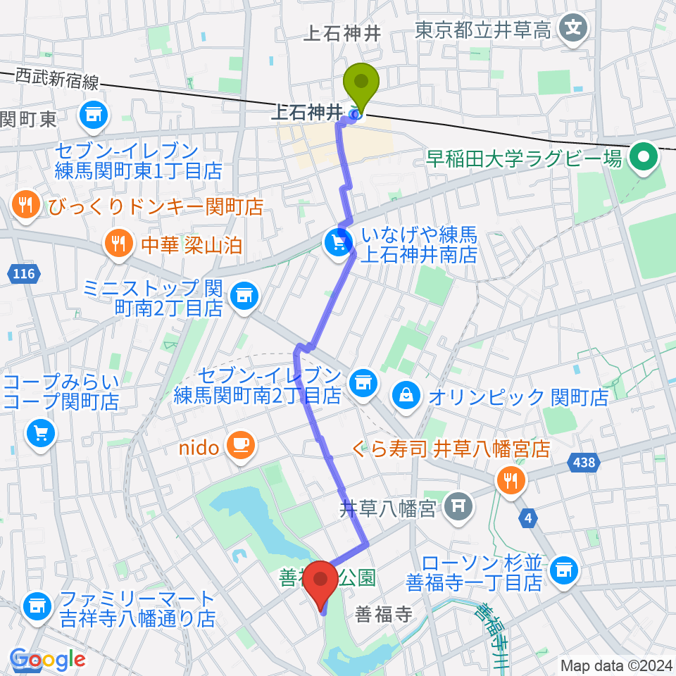 上石神井駅から葉月ホールハウスへのルートマップ地図