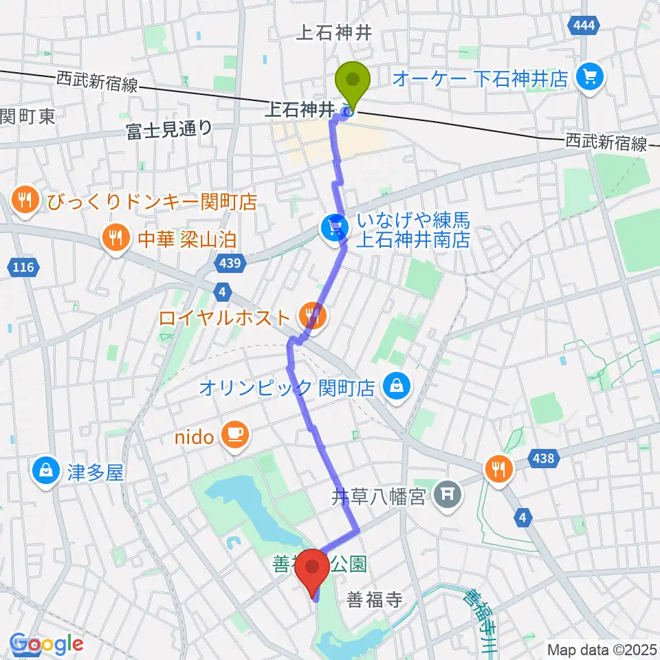 上石神井駅から葉月ホールハウスへのルートマップ地図