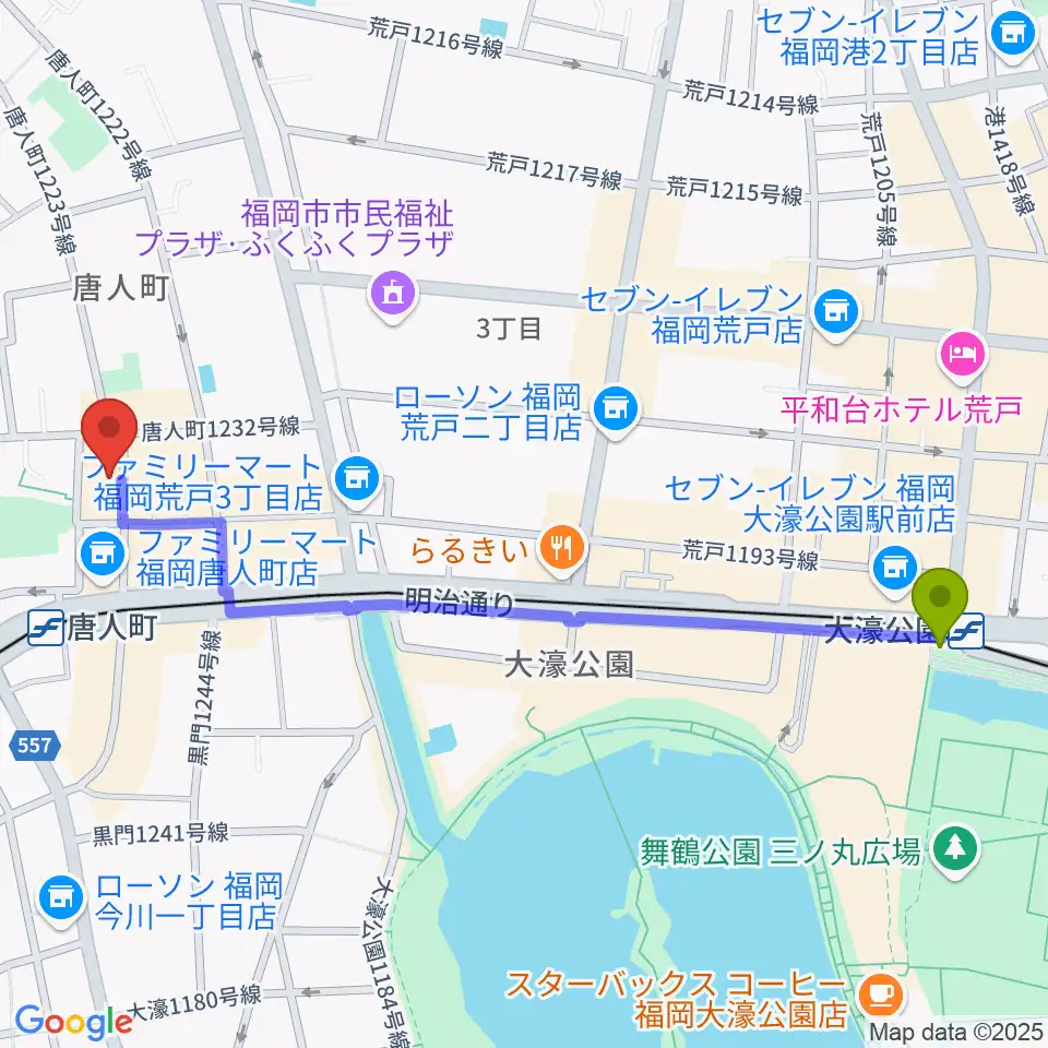 大濠公園駅からクラングピアノ教室へのルートマップ地図