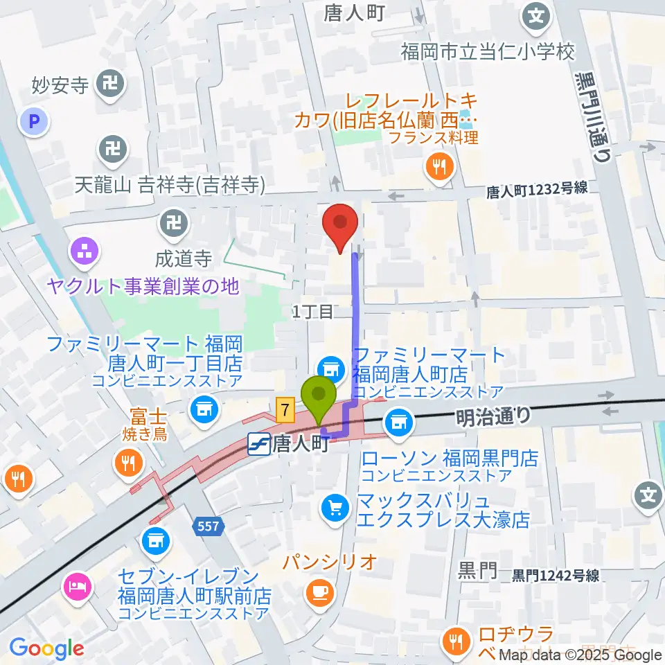 クラングピアノ教室の最寄駅唐人町駅からの徒歩ルート（約2分）地図