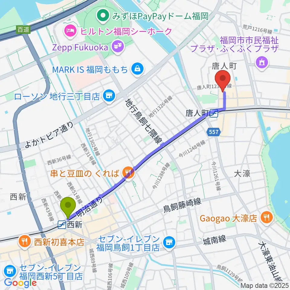 西新駅からクラングピアノ教室へのルートマップ地図