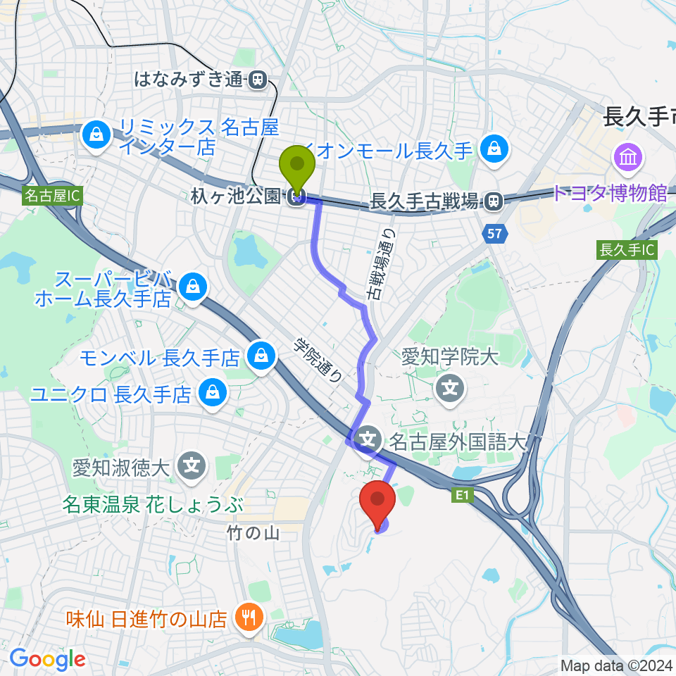 山のホールの最寄駅杁ヶ池公園駅からの徒歩ルート（約32分）地図