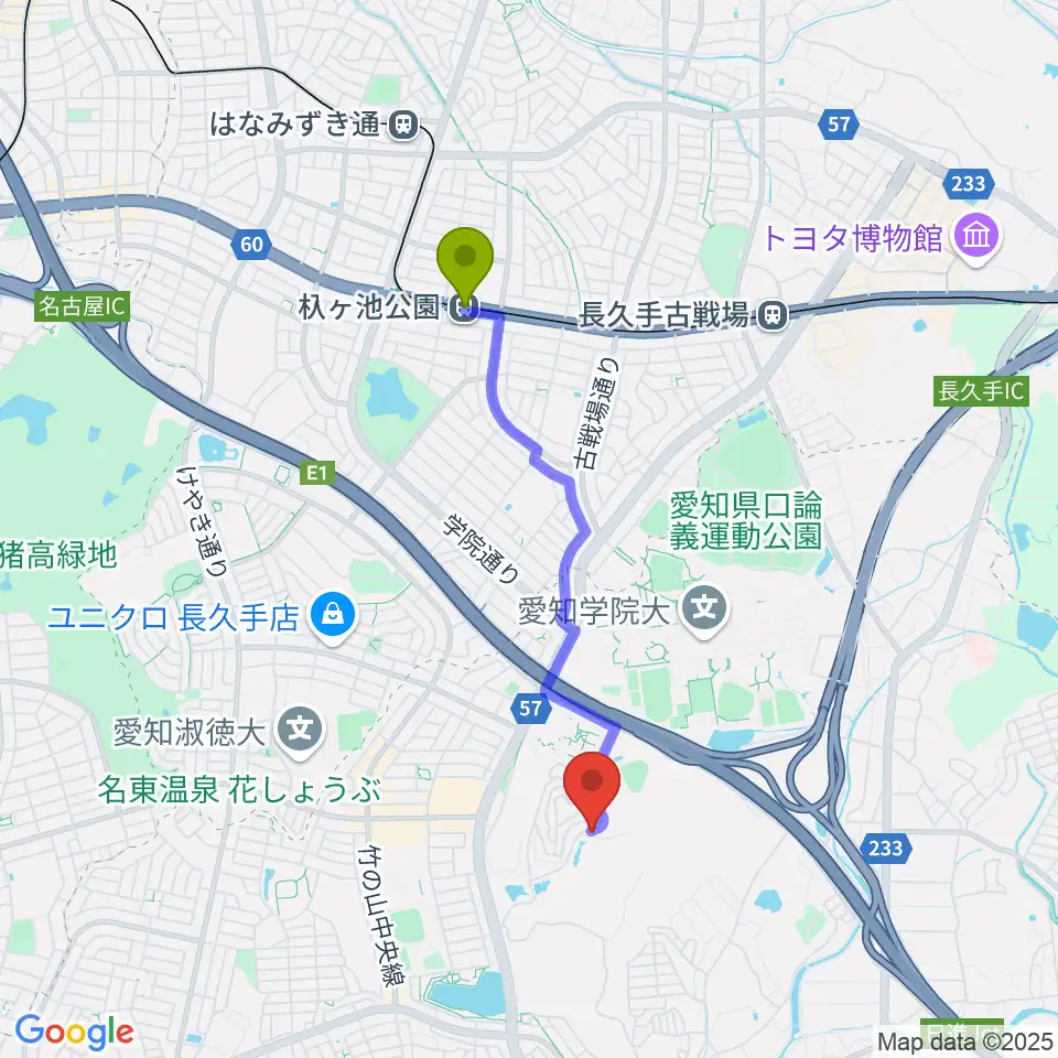 山のホールの最寄駅杁ヶ池公園駅からの徒歩ルート（約32分）地図