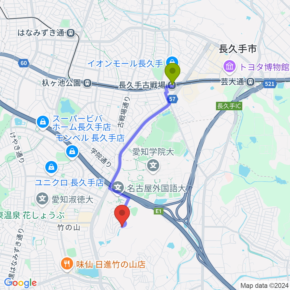 長久手古戦場駅から山のホールへのルートマップ地図