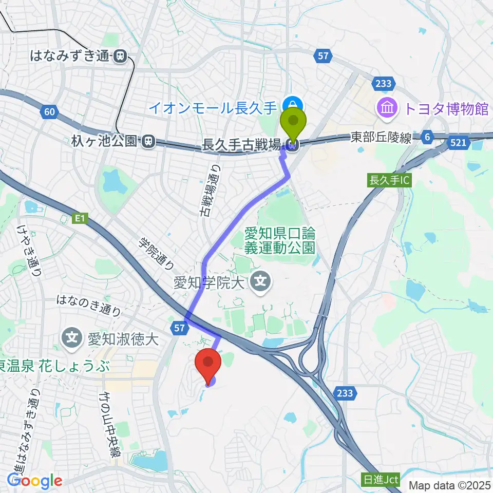 長久手古戦場駅から山のホールへのルートマップ地図