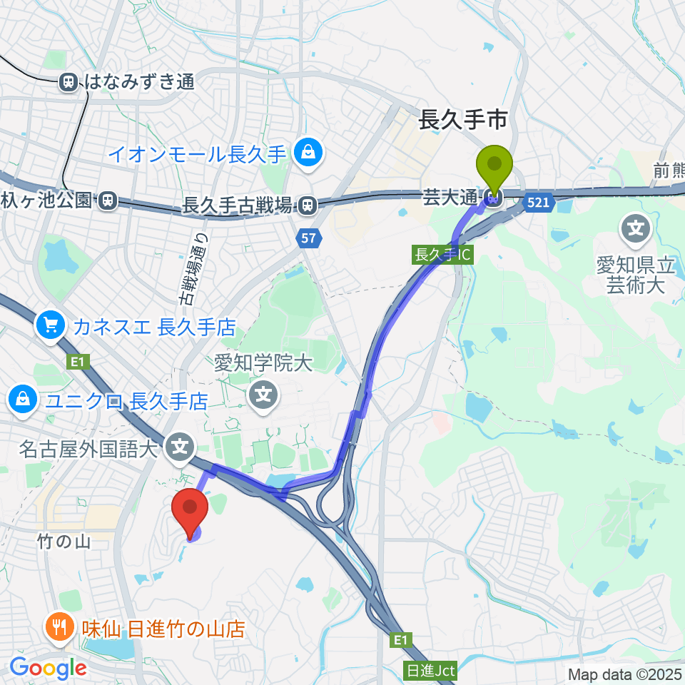 芸大通駅から山のホールへのルートマップ地図