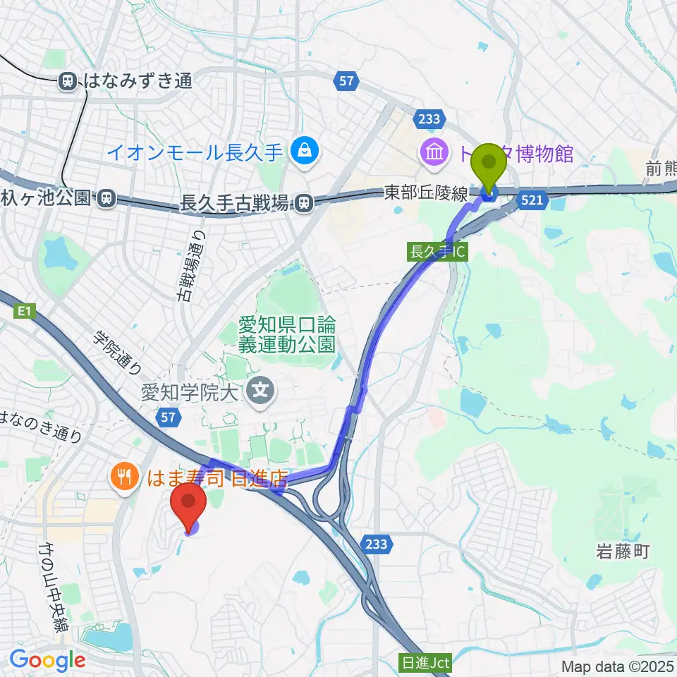 芸大通駅から山のホールへのルートマップ地図