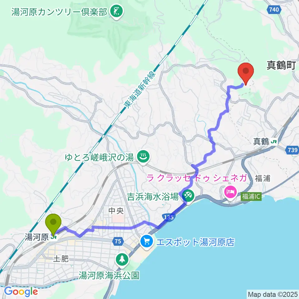 湯河原駅から檜チャリティコンサートホールへのルートマップ地図