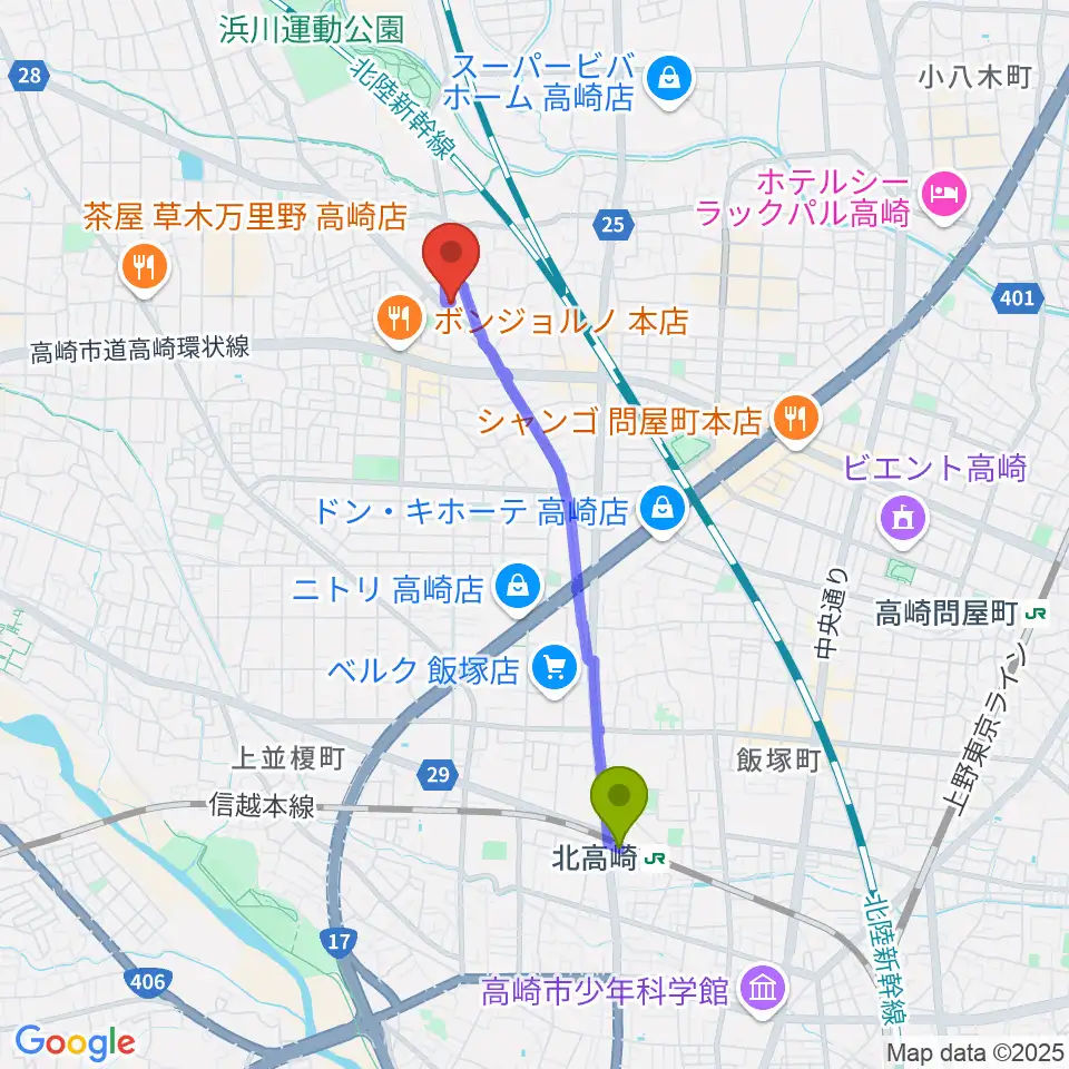 アトリエミストラルの最寄駅北高崎駅からの徒歩ルート（約33分）地図