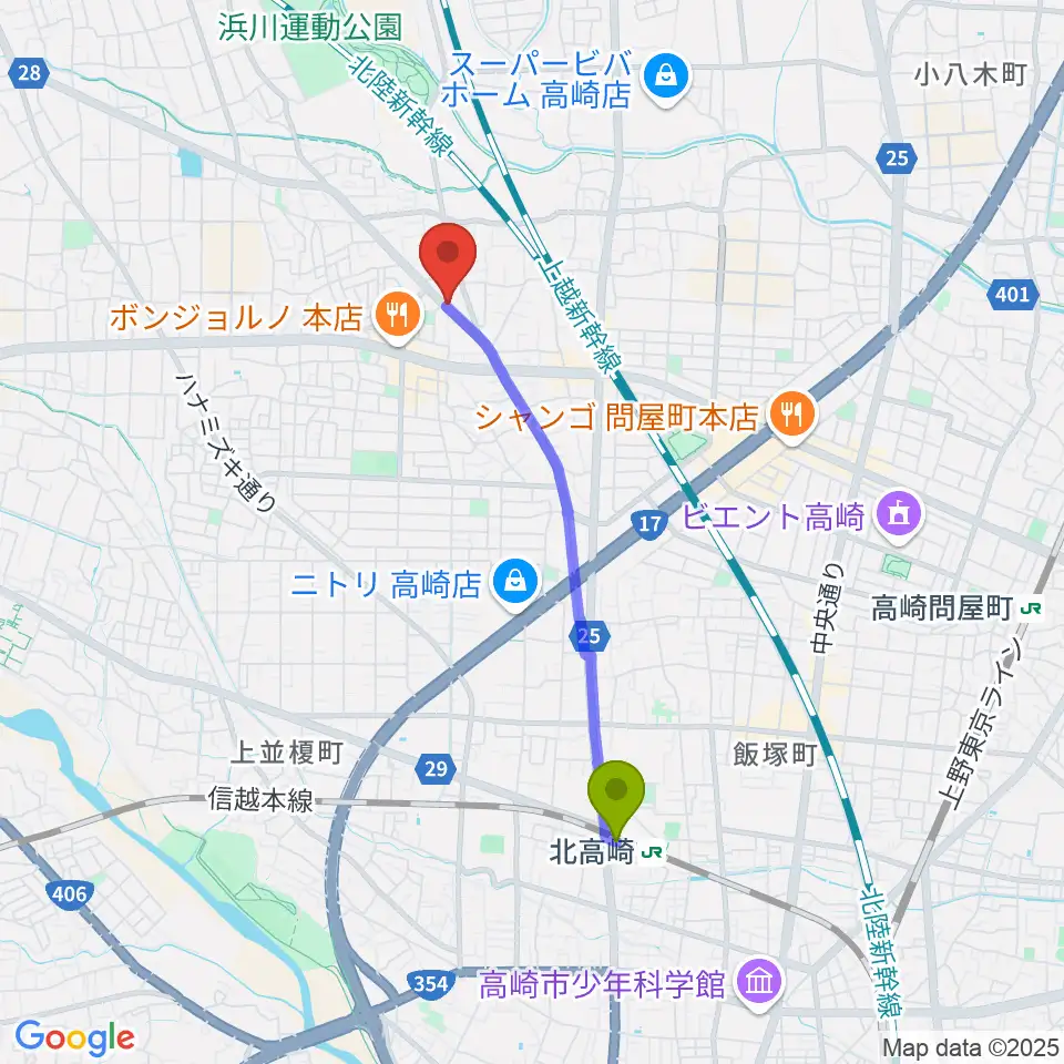 アトリエミストラルの最寄駅北高崎駅からの徒歩ルート（約32分）地図