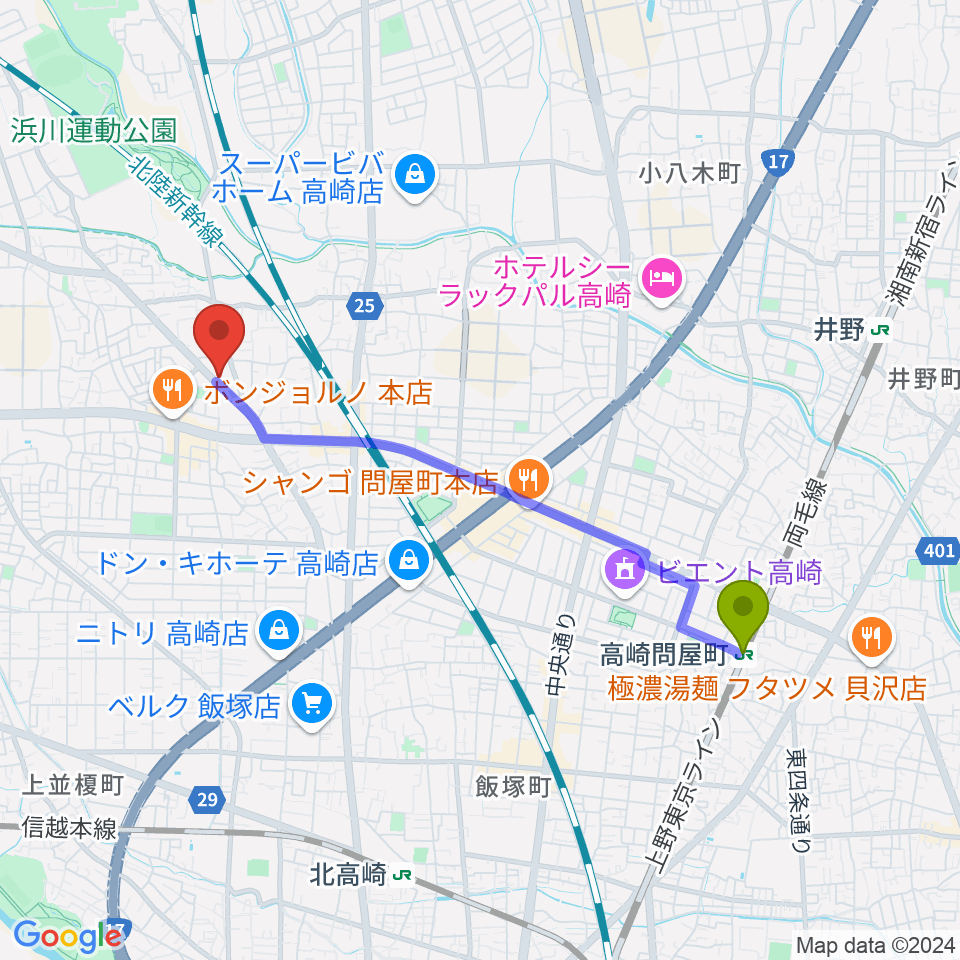 高崎問屋町駅からアトリエミストラルへのルートマップ地図