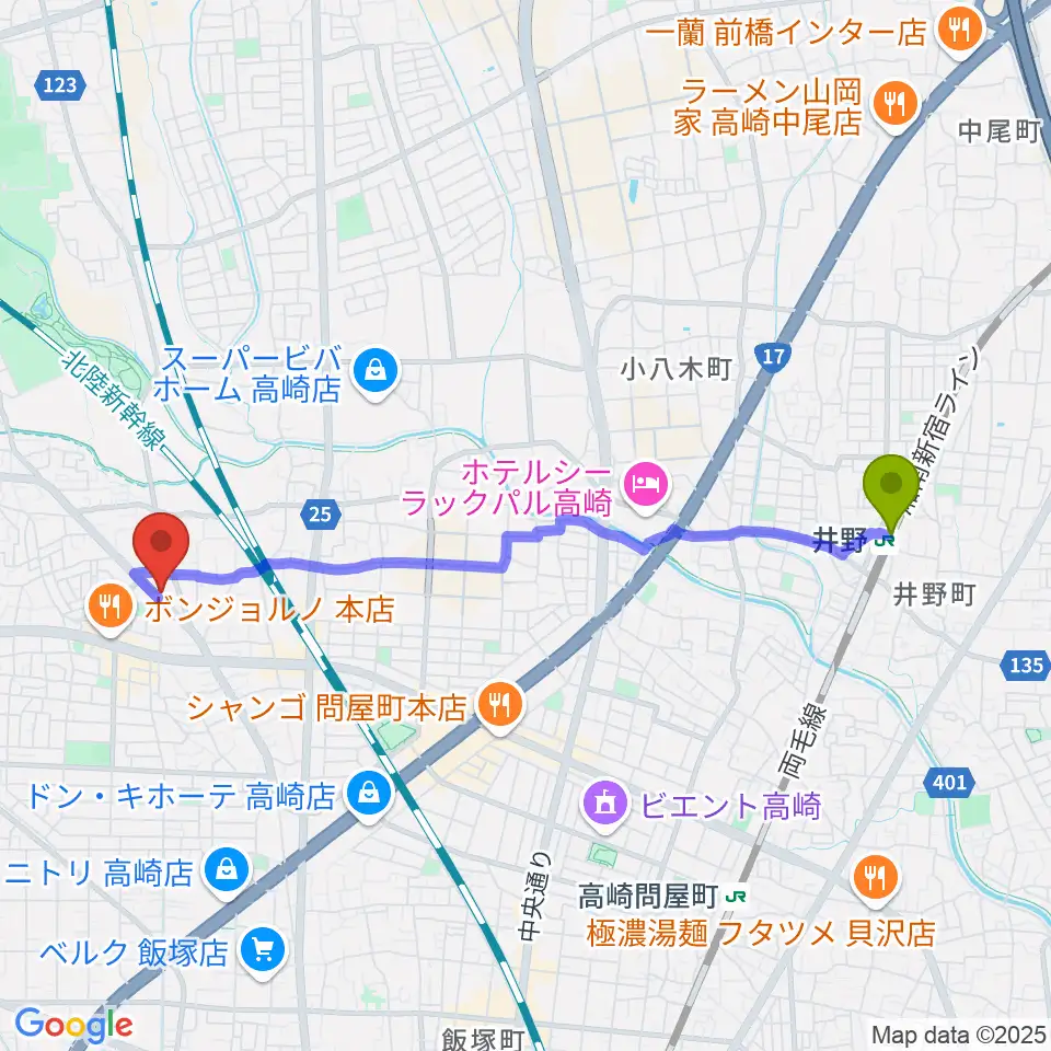 井野駅からアトリエミストラルへのルートマップ地図