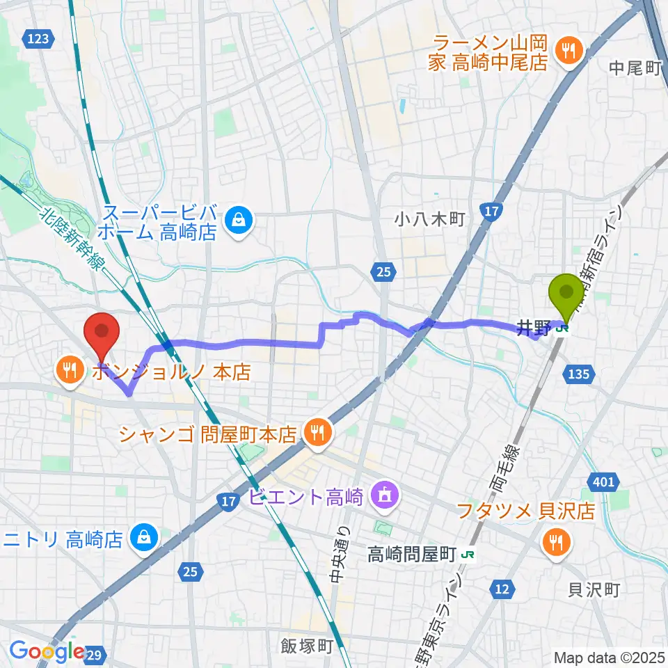 井野駅からアトリエミストラルへのルートマップ地図