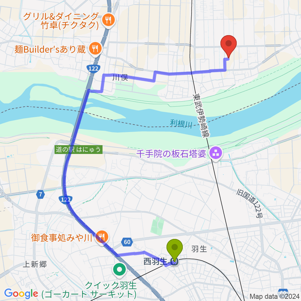 西羽生駅から才気堂へのルートマップ地図