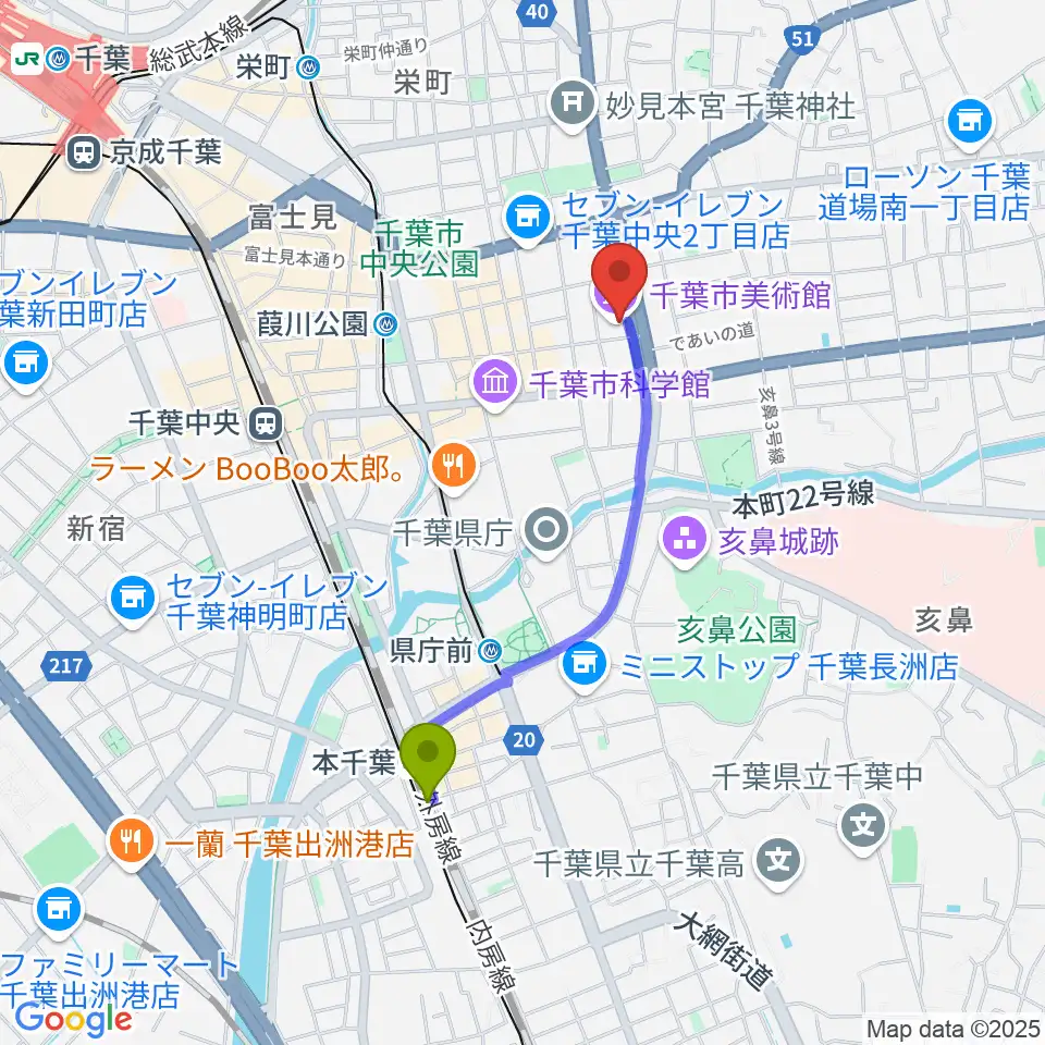 本千葉駅から千葉市美術館へのルートマップ地図