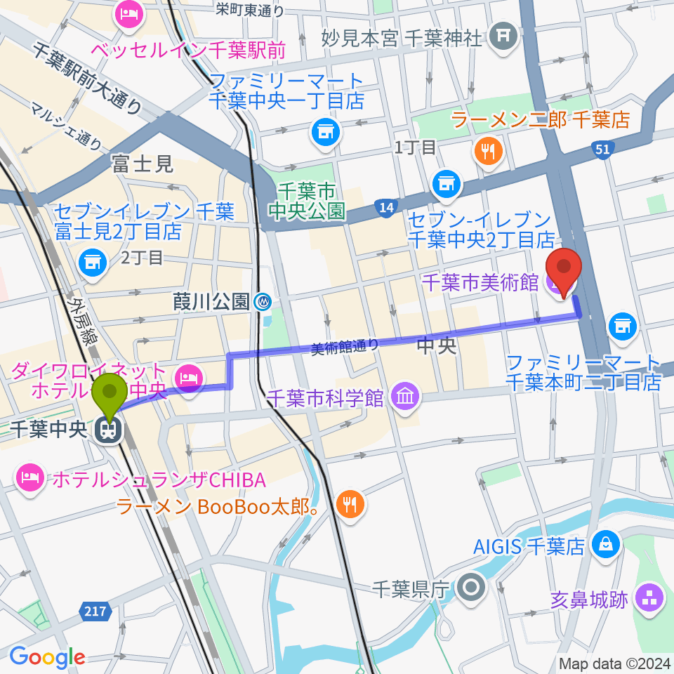 千葉中央駅から千葉市美術館へのルートマップ地図