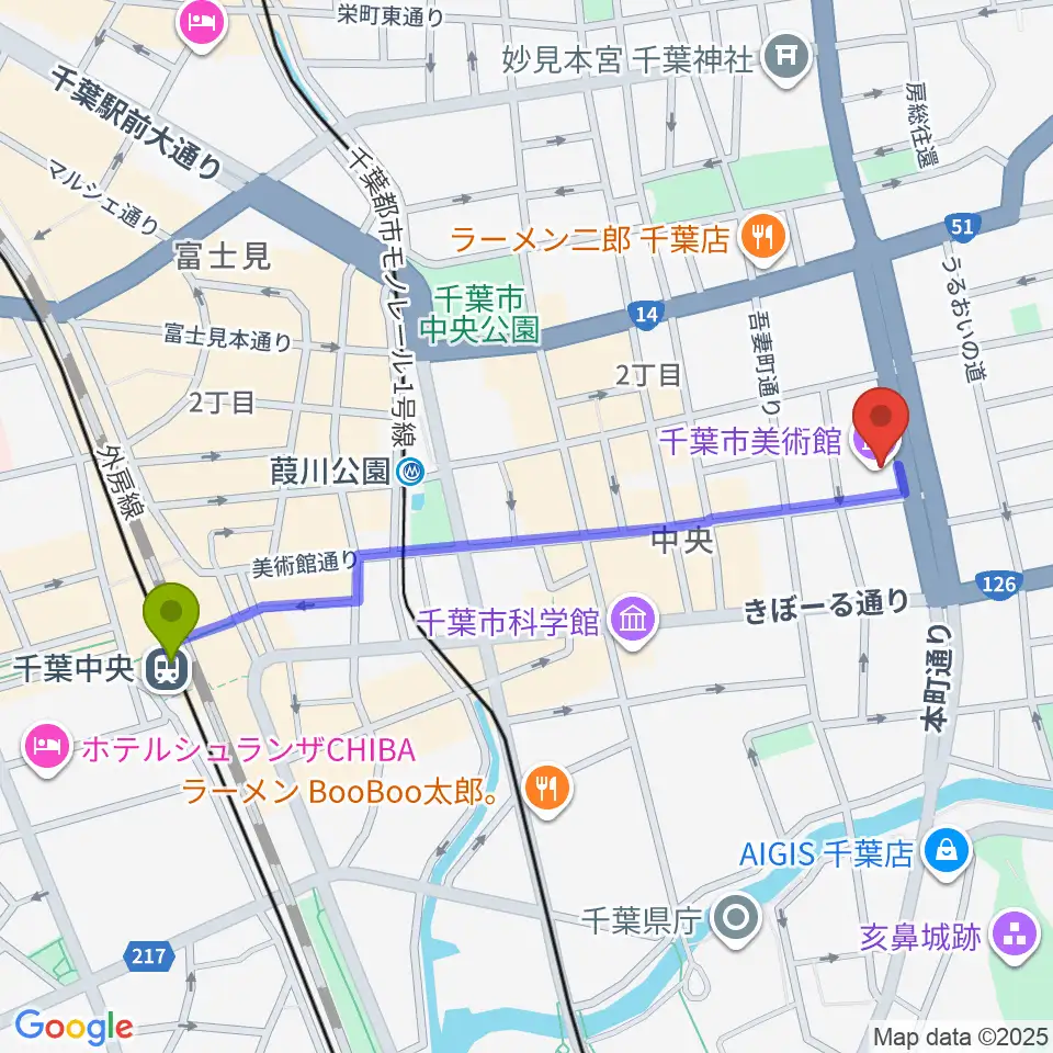 千葉中央駅から千葉市美術館へのルートマップ地図