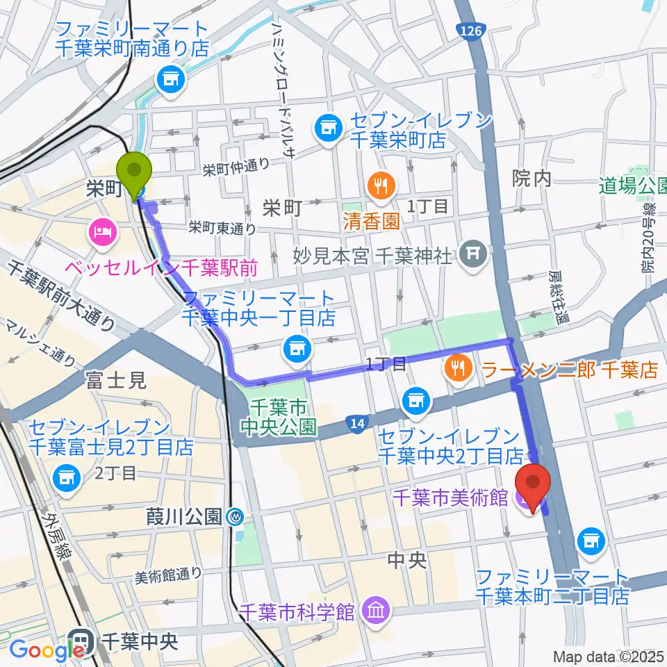 栄町駅から千葉市美術館へのルートマップ地図
