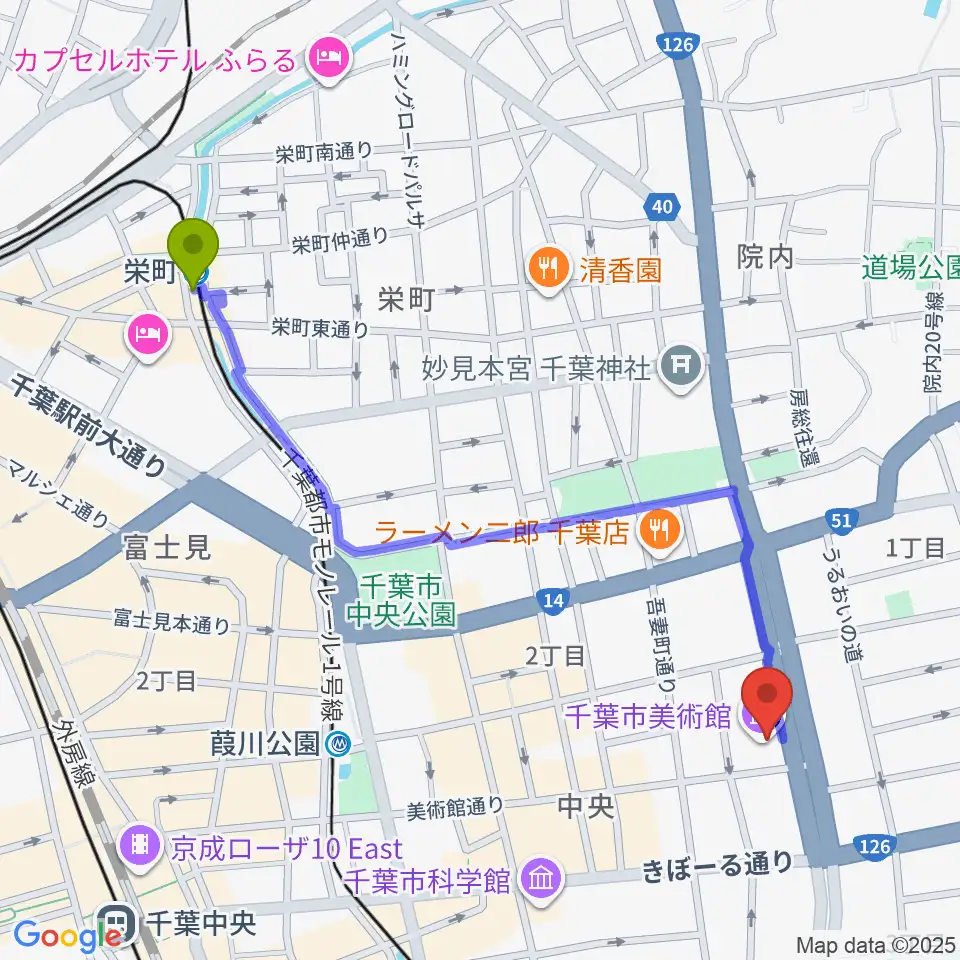 栄町駅から千葉市美術館へのルートマップ地図