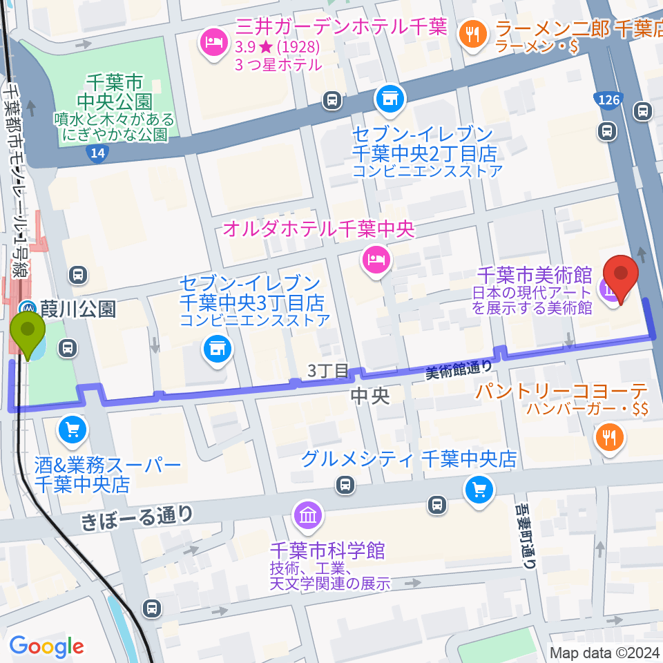 千葉市美術館の最寄駅葭川公園駅からの徒歩ルート（約7分）地図