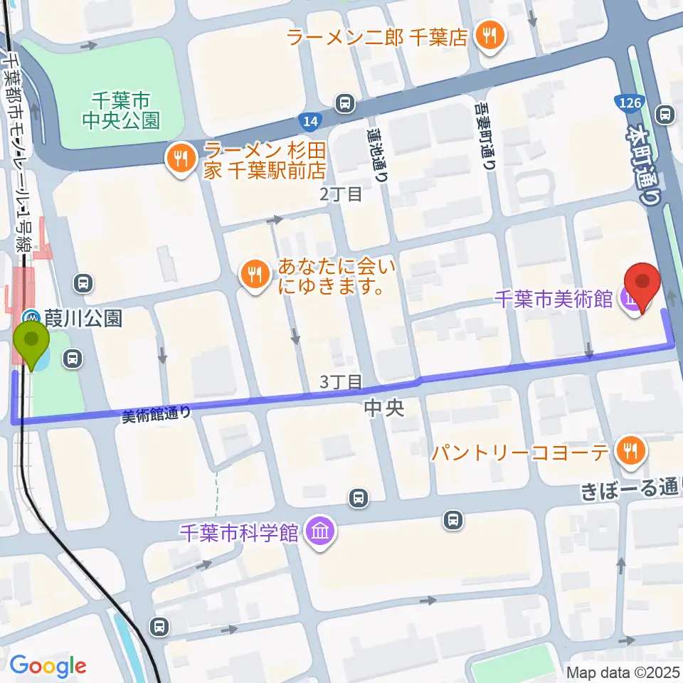千葉市美術館の最寄駅葭川公園駅からの徒歩ルート（約7分）地図